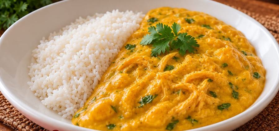 Prato de vatapá de frango com arroz branco, enfeitado com cheiro-verde